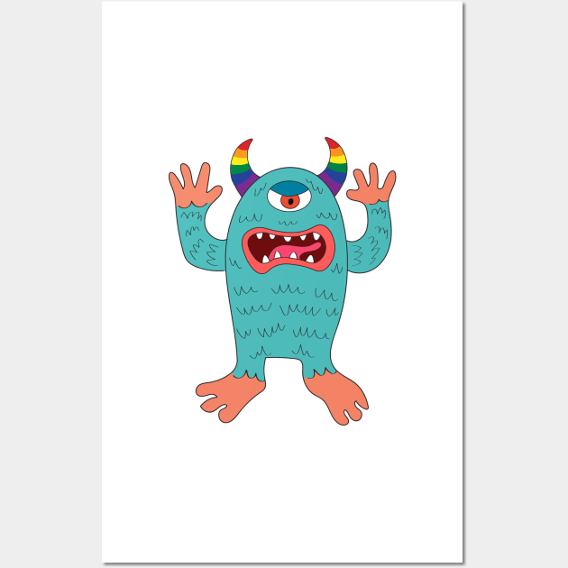 One-eyed Halloween alien monster cartoon drawing. Gay pride concept. Wall Art by Nalidsa